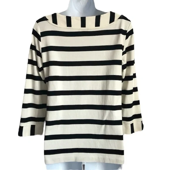 🔴 4/$15 Talbots Women’s S Black & Ivory Stripe Cotton 3/4 Sleeve Knit Top in EUC - Picture 2 of 14